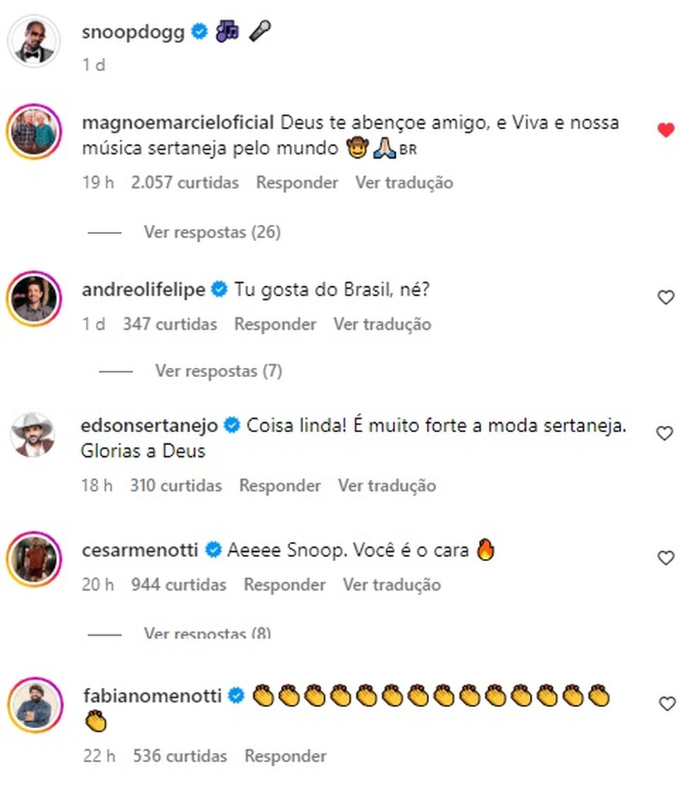 Famosos comentário vídeo de sertanejos de Mococa compartilhados por rapper — Foto: Reprodução/Instagram