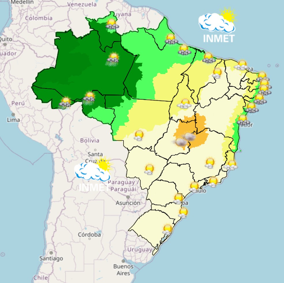 Mapa mostra previsão de chuva para esta quarta (10) em todo o Brasil. — Foto: Inmet/Reprodução
