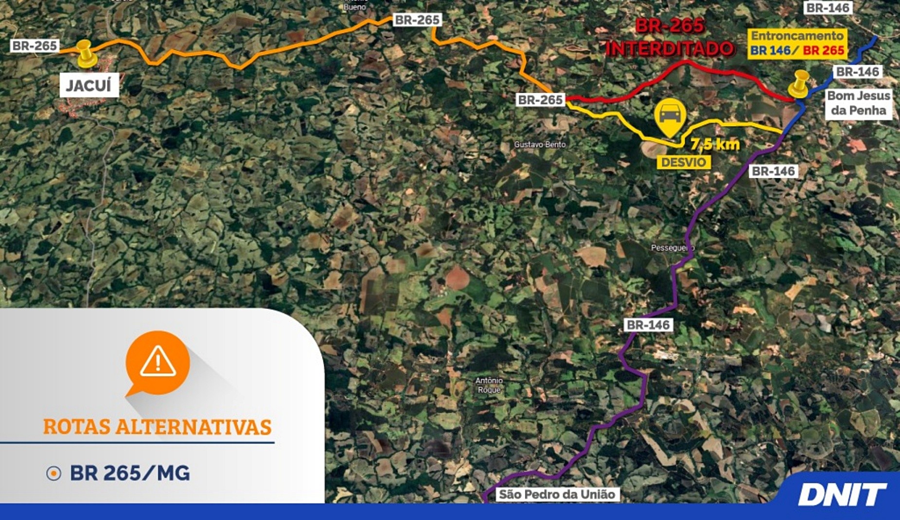 Mapa do desvio indicado para o trecho interditado da BR-265