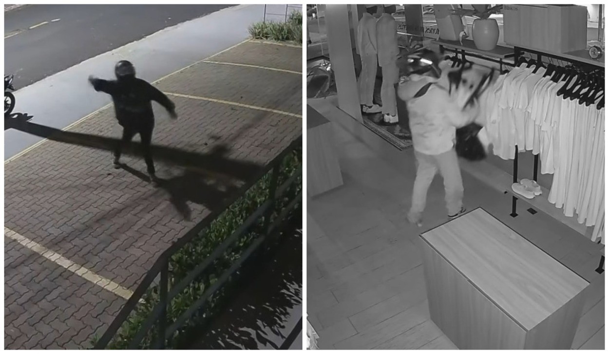 VÍDEO: loja tem prejuízo de R$ 40 mil após dupla quebrar vitrine com pedra e furtas roupas