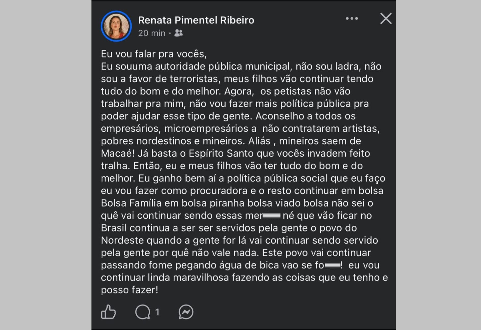 Procuradora de Macaé ataca petistas em post e sugere que empresas não contratem 'artistas, pobres nordestinos e mineiros'; polícia instaura inquérito