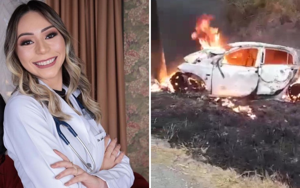 Isabella Guimarães, de 24 anos, e carro em chamas em que ela foi resgatada, na BR-060 — Foto: Reprodução/Redes Sociais e Divulgação/Corpo de Bombeiros
