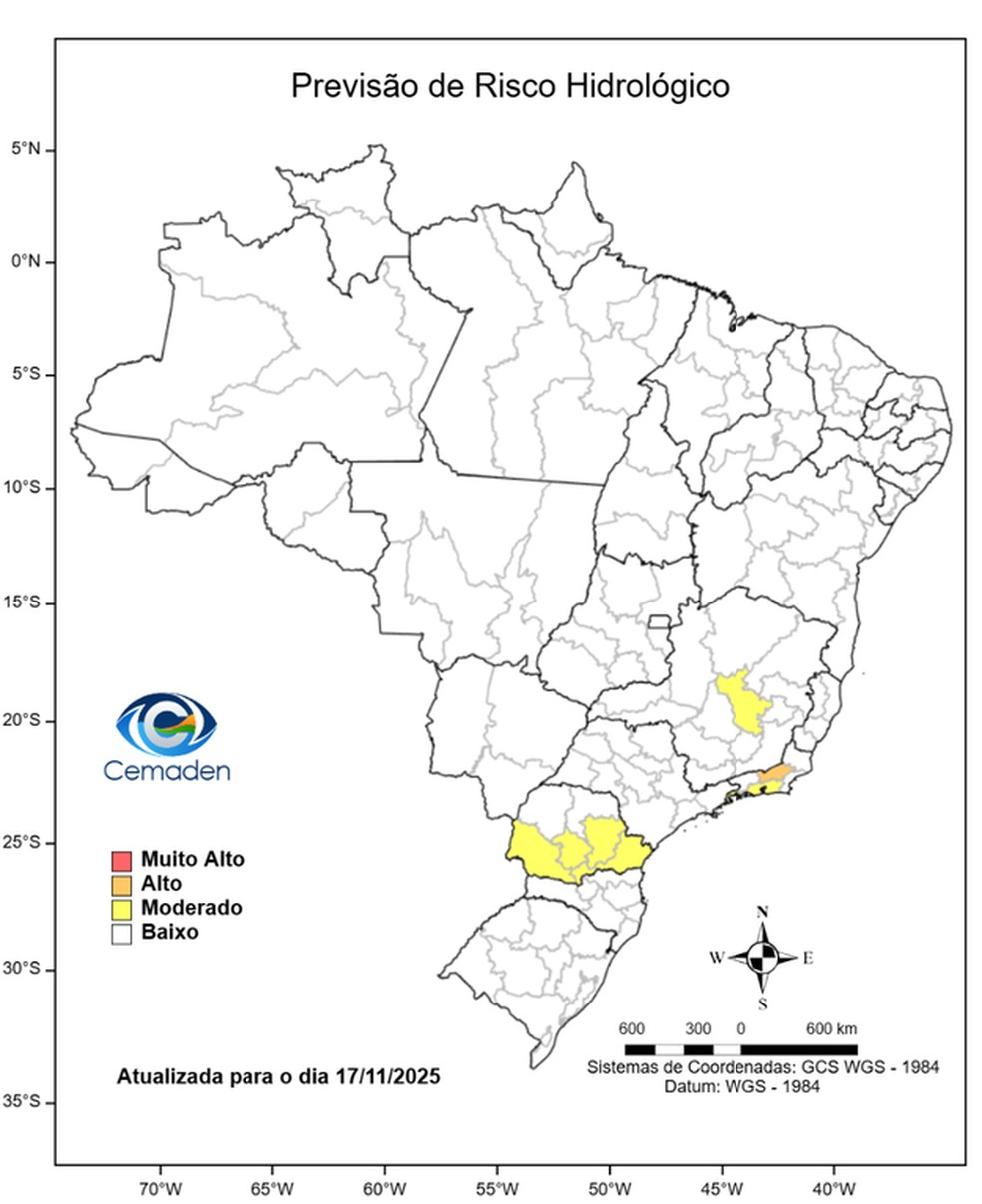 Áreas com risco de alagamentos e inundações nesta segunda (17). — Foto: Cemaden/Reprodução
