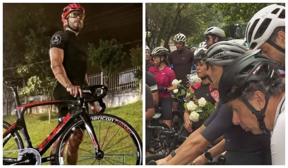 O ciclista Vitor Medrado, de 46 anos, recebe homenagem de amigos em frente ao Parque do Povo, no Itaim Bibi, Zona Sul de SP. — Foto: Reprodução/TV Globo