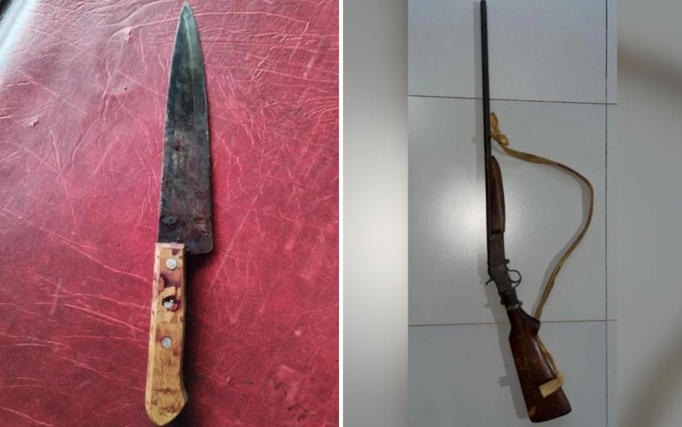 Faca e arma utilizada por padrasto morto em confronto com a PM, em Goiás — Foto: Reprodução/Polícia Militar