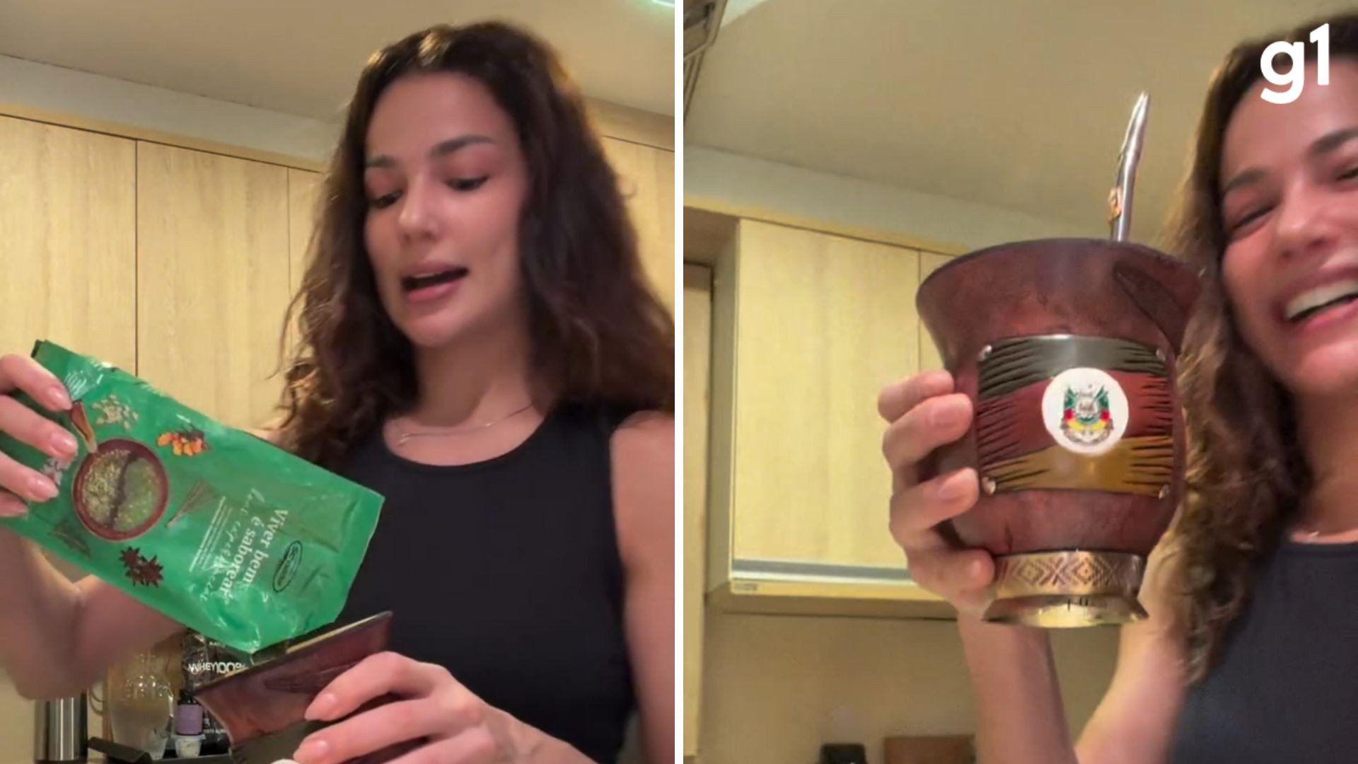 Atriz de 'Quem Ama Cuida' prepara chimarrão pela 1ª vez após visita ao RS e comemora resultado: 'Arrasei, guria'; VÍDEO