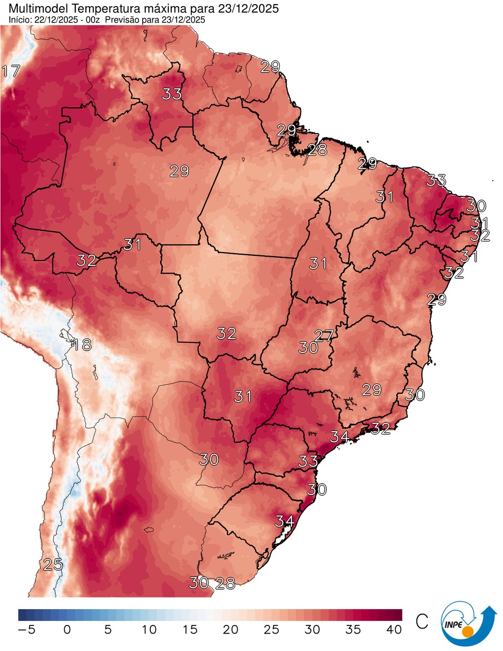Mapa mostra previsão de temperatura máxima para esta terça (23). — Foto: CPTEC/Inpe