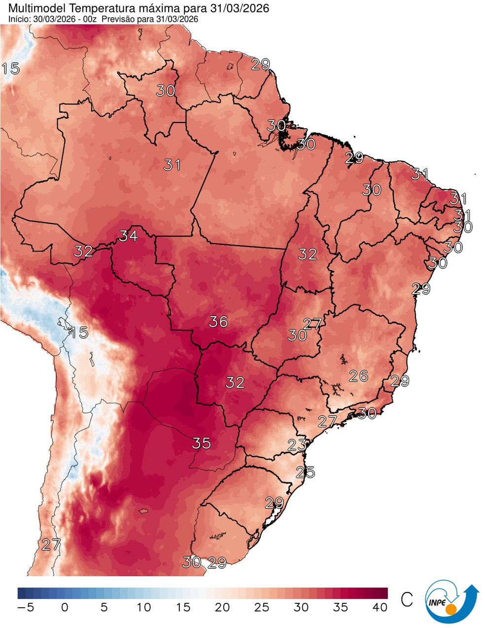Mapa mostra previsão de temperatura máxima para esta terça (31). — Foto: CPTEC/Inpe