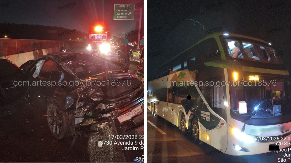 Duas pessoas são resgatadas das ferragens após carro de luxo capotar em rodovia e ser atingido por ônibus em Jundiaí
