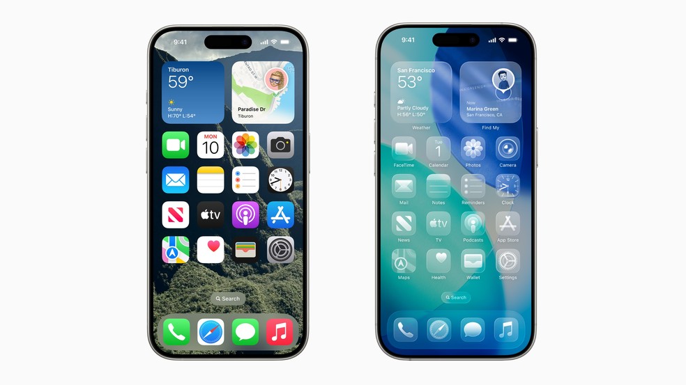 iOS 18 (esquerda) e iOS 26 (direita): compare as mudanas no sistema com a chegada do visual Liquid Glass  Foto: Reproduo/Apple