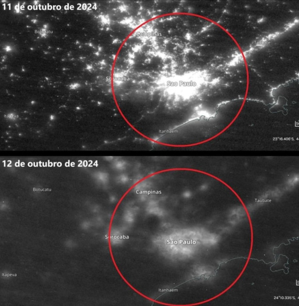 Imagens de satélite mostram SP antes e depois do apagão em outubro de 2024 — Foto: Laboratório de Análise e Processamento de Imagens de Satélites (LAPIS)