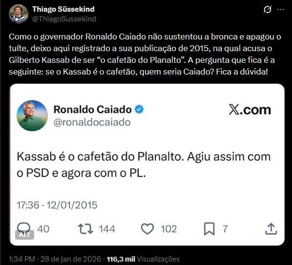 'Cafetão do Planalto': posts antigos de Caiado contra Kassab voltam a circular após filiação ao PSD