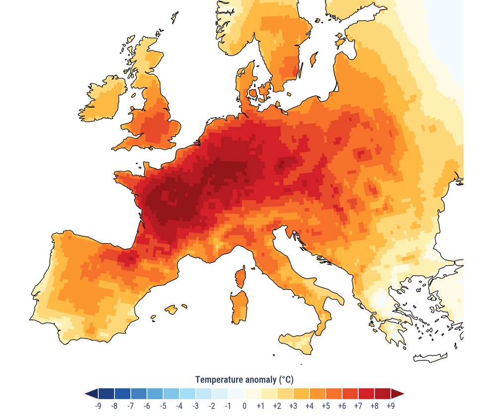 Mapa mostra as temperaturas acima da média da Europa entre 18 e 30 de junho de 2026, durante a onda de calor. — Foto: ERA5. Credit: C3S/ECMWF