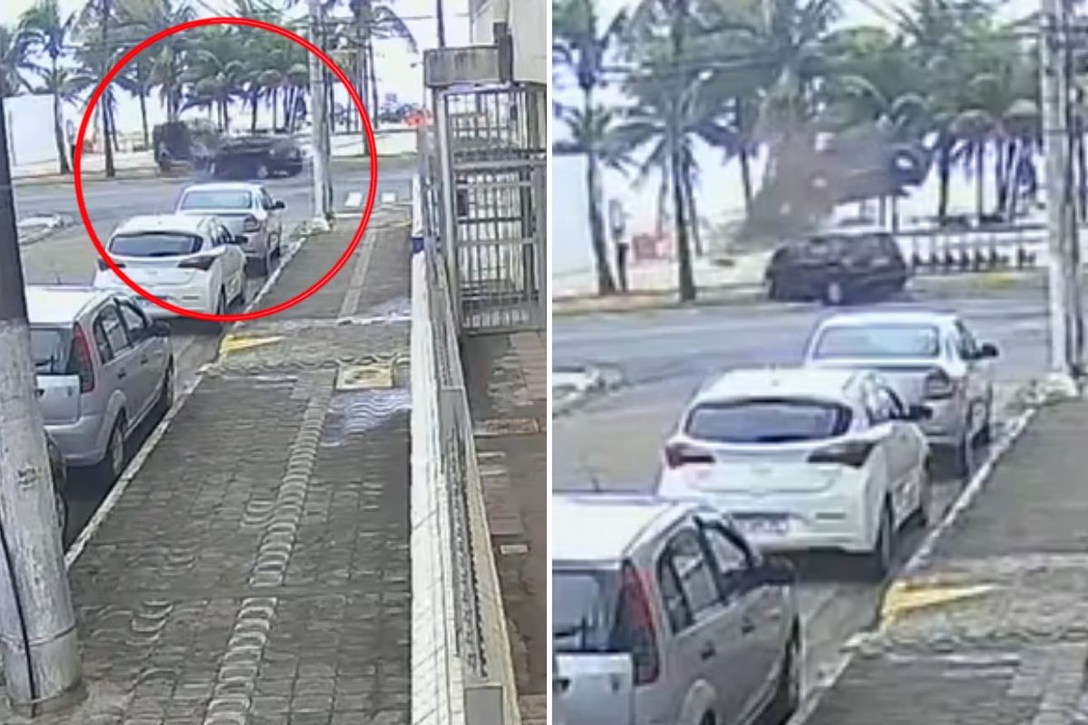 Carro capota, atravessa calçadão e para na areia da praia no litoral de SP; VÍDEO