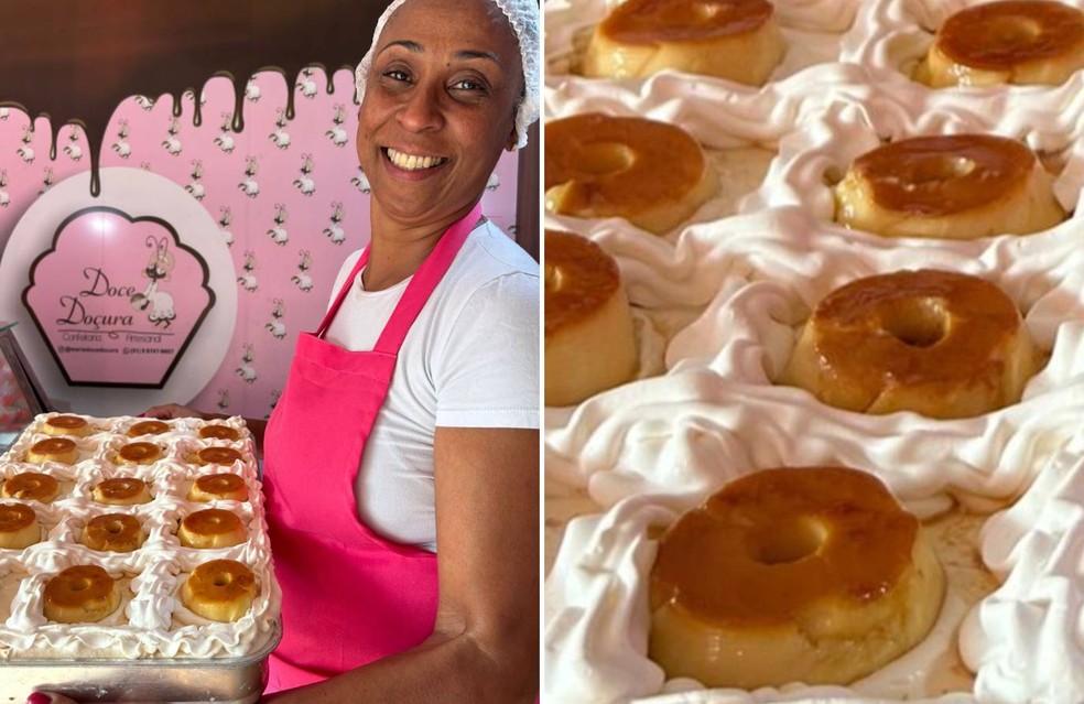Fotos mostram confeiteira que criou a torta pudim, Maria Tereza dos Santos, segurando bandeja com o doce que causou euforia na Feira Hippie de BH — Foto: Divulgação