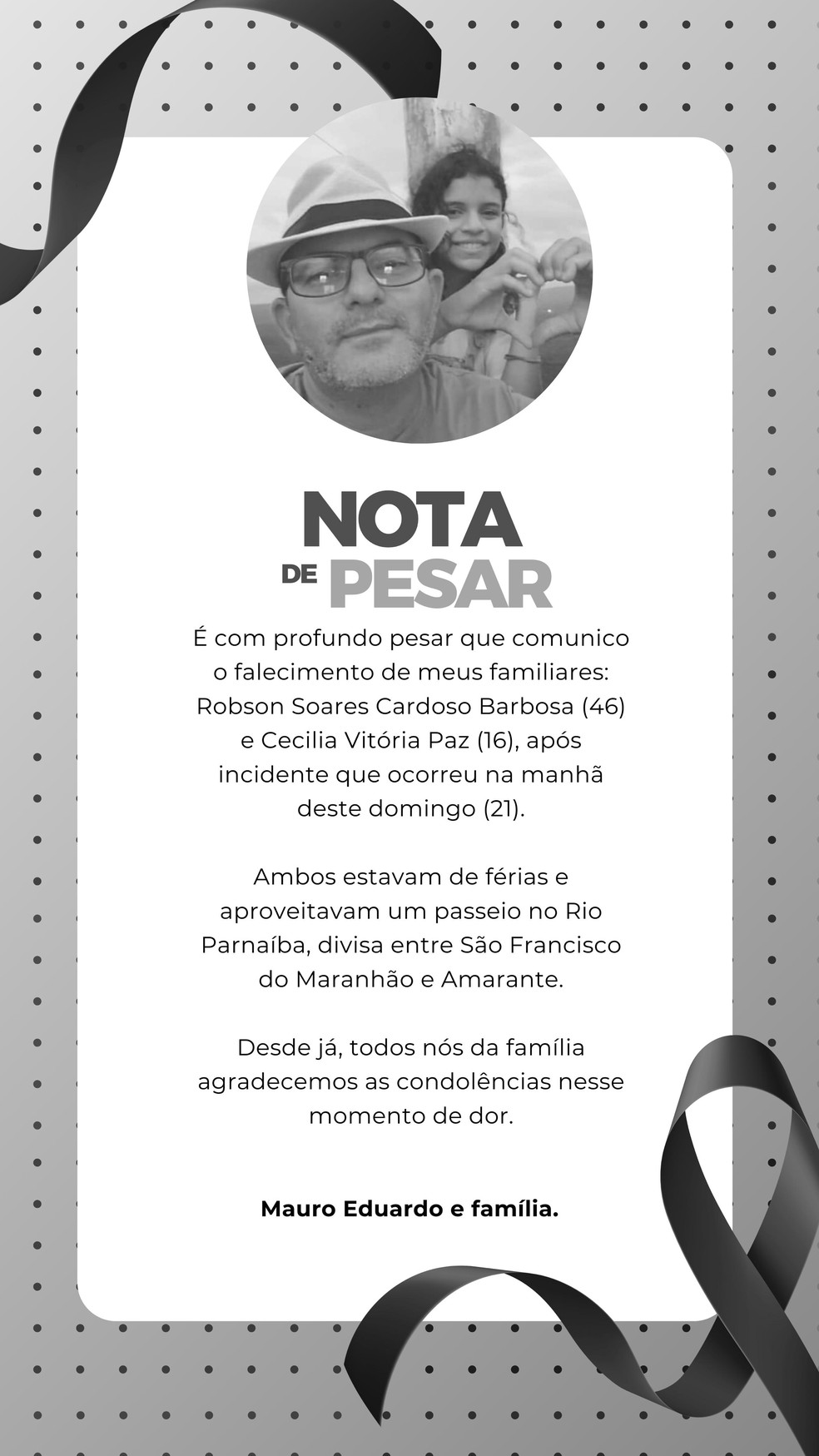 Sobrinhos de Mauro Eduardo Cardoso secretário de estado do Piauí, desaparecem no Rio Parnaíba, no Maranhão — Foto: Seid/ Divulgação