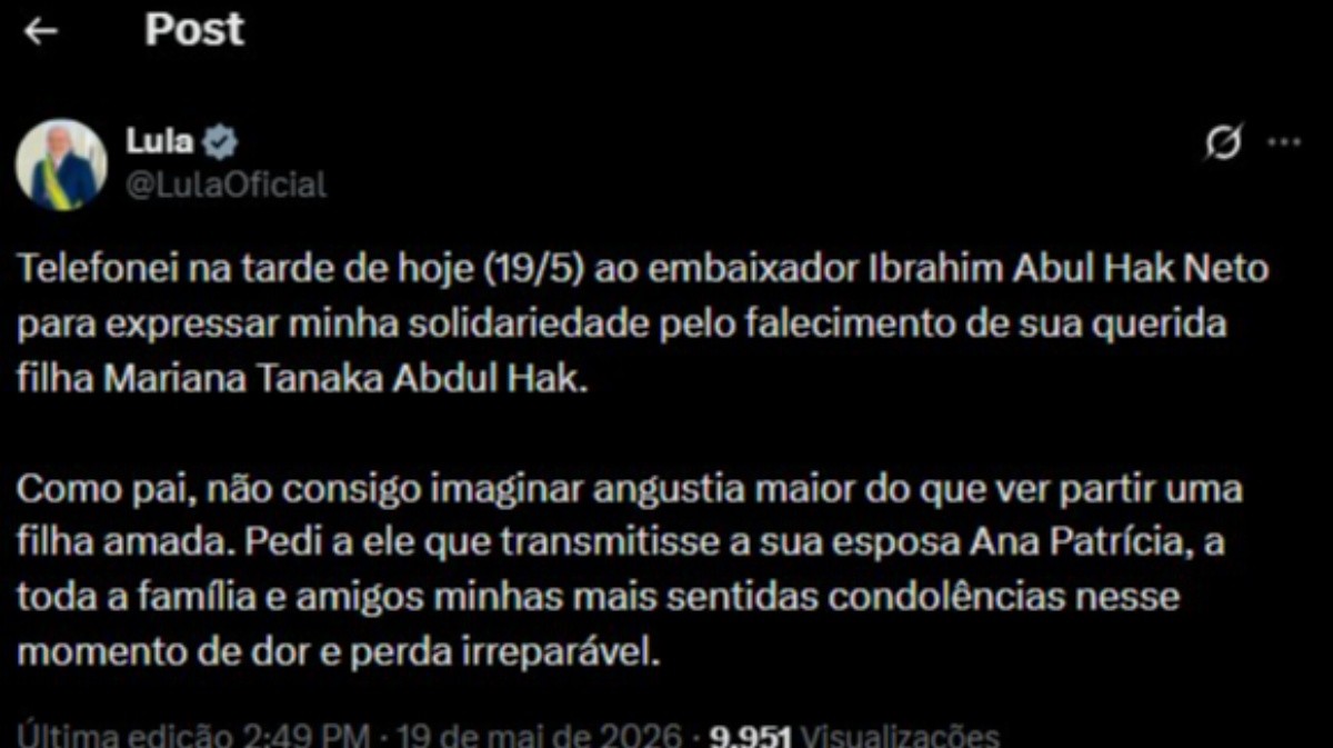 Lula telefona para embaixador que perdeu filha em acidente em Ipanema: ‘Não consigo imaginar angústia maior’