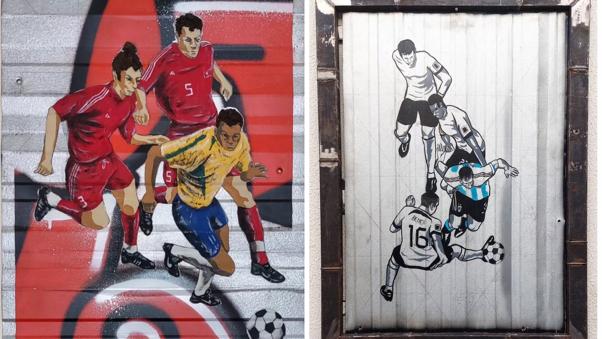 Dribles em chapas metálicas e gols em telhas de zinco: artista sorocabano transforma momentos do futebol em grafites — Foto: Reprodução/golgraffiti