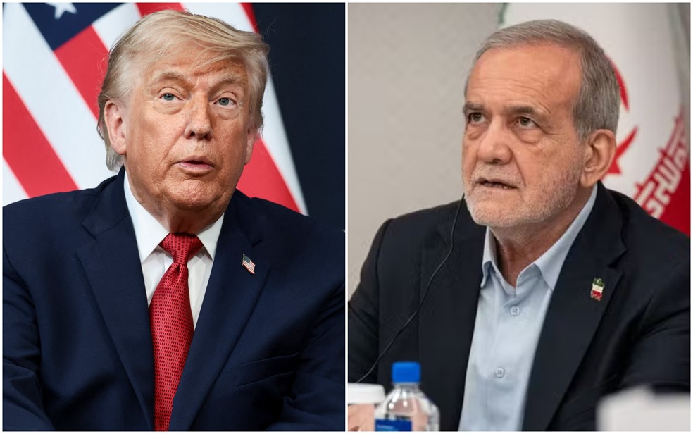 Presidente dos EUA, Donald Trump, e presidente do Irã, Masoud Pezeshkian — Foto: Evelyn Hockstein/Reuters e Angelina Katsanis/AP Photo