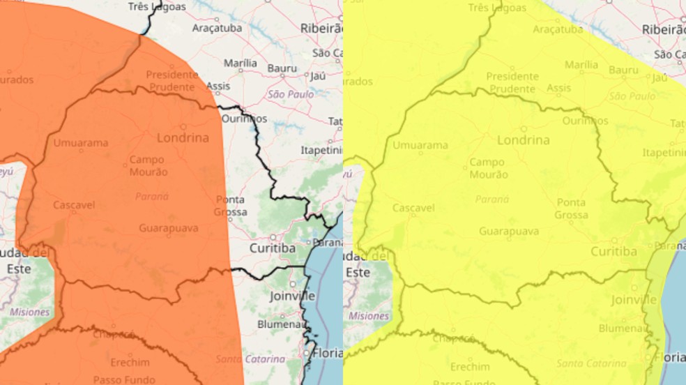 Paraná todo está em alerta amarelo e parte acumula também o alerta laranja. — Foto: Reproduçaõ/Inmet