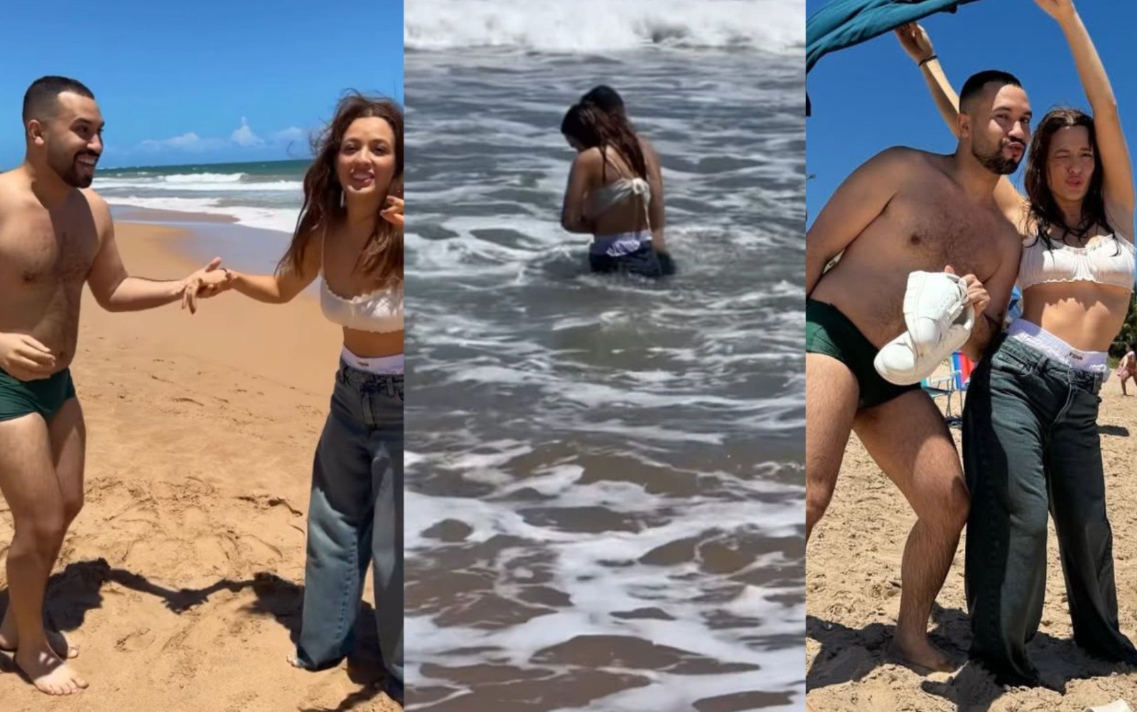 Com convite para nudismo e banho de mar com calça jeans, Gil do Vigor e Bia do Brás curtem a Bahia: 'O suco do caos chegou'