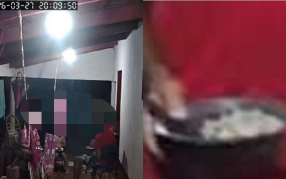 Imagens captadas pela câmera de segurança da casa mostram a família reunida; em seguida, Ronaldo se levanta com o prato cheio de um alimento semelhante a arroz — Foto: Divulgação/ Polícia Civil de Goiás