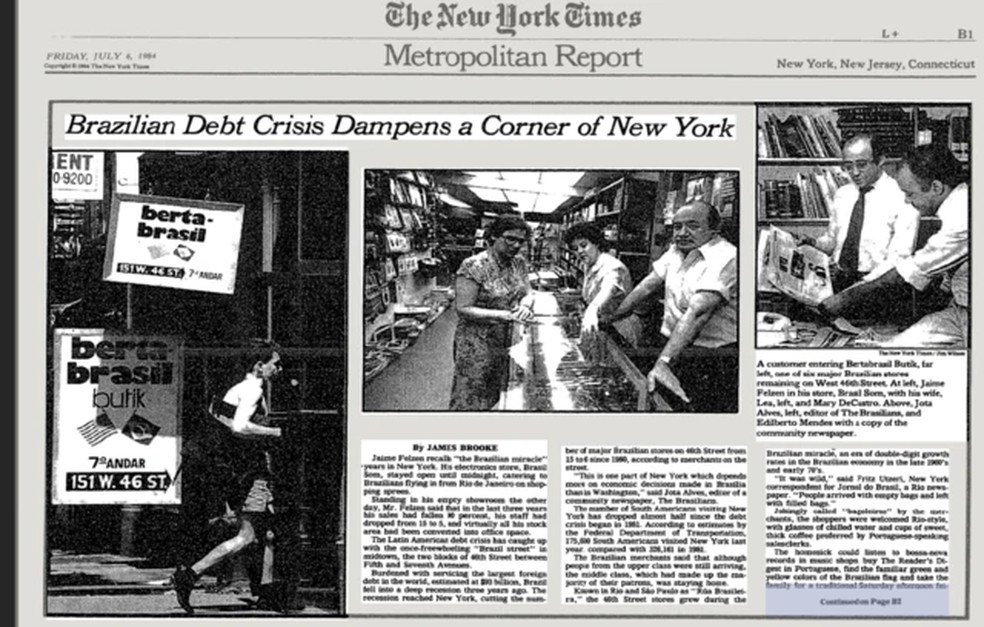 'Crise da dívida brasileira abala um canto de Nova York' dizia a manchete do jornal — Foto: Arquivo New York Times