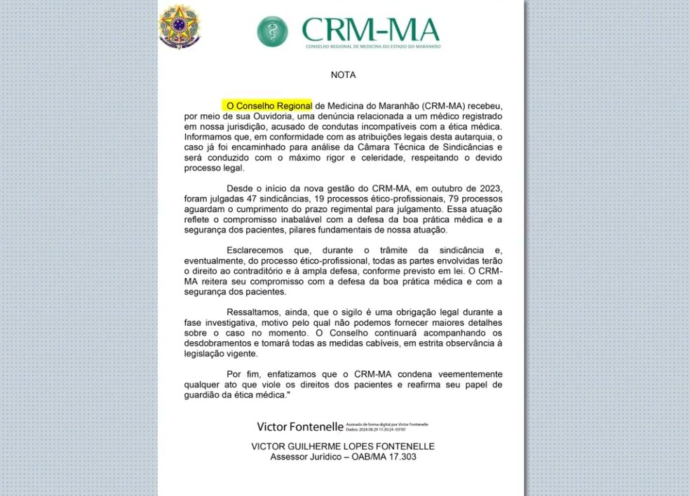 Nota do CRM sobre denúncia contra médico por importunação sexual no Maranhão. — Foto: Reprodução/TV Mirante