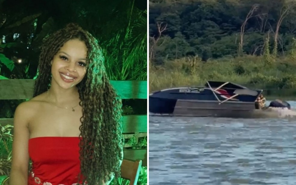 Thaynara est� desaparecida desde que caiu da lancha, no s�bado (4), em Goi�s � Foto: Reprodu��o/Instagram de Thaynara Lima e Reprodu��o/TV Anhanguera
