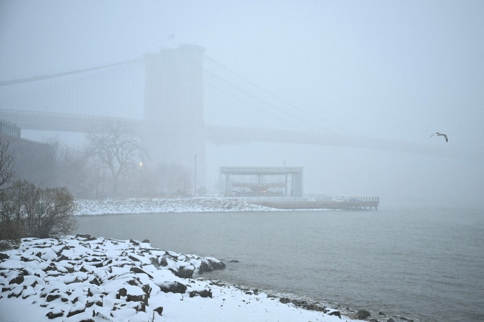 Vista do Brooklyn Bridge Park coberto de neve na cidade de Nova York. — Foto: ANGELA WEISS / AFP