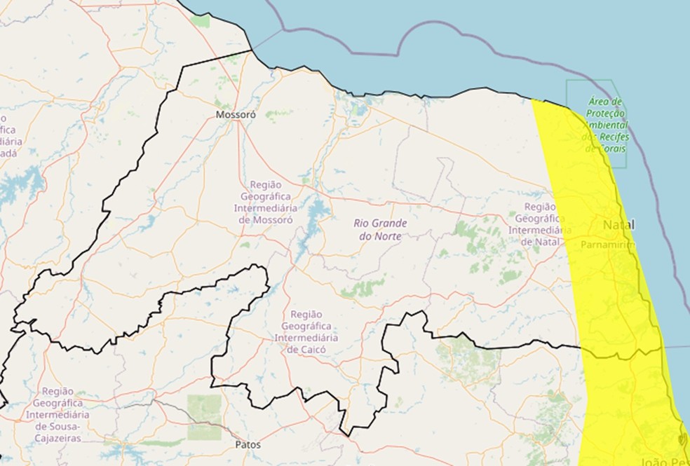 Aviso meteorológico abrange35 cidades do litoral potiguar — Foto: Inmet/Reprodução