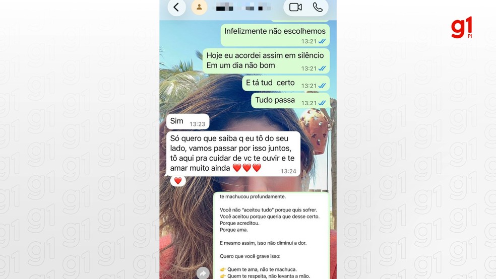 Mensagem enviada pelo ex-namorado de Paulla Rafaella após as agressões — Foto: Montagem g1/Arquivo pessoal