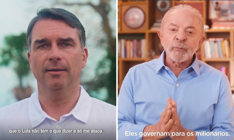 Flávio Bolsonaro e Lula durante a propaganda eleitoral nesta terça-feira (22). — Foto: Reprodução