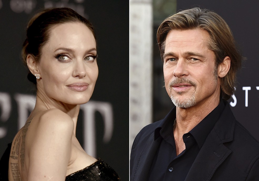 À esquerda, Angelina Jolie em uma estreia em Los Angeles em 30 de setembro de 2019; à direita, Brad Pitt em uma exibição especial em 18 de setembro de 2019. — Foto: Associated Press