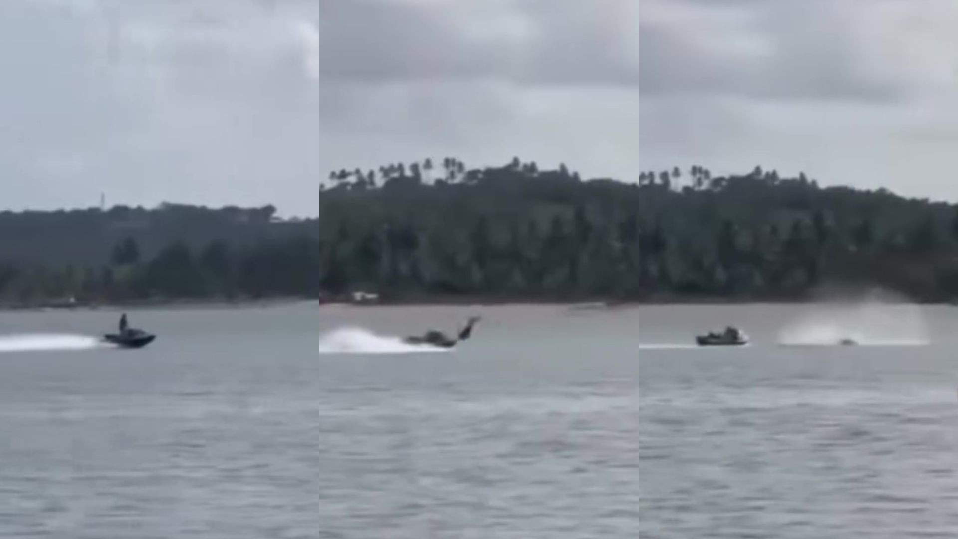 Banhista é arremessado no mar após moto aquática encalhar em banco de areia; vídeo mostra acidente