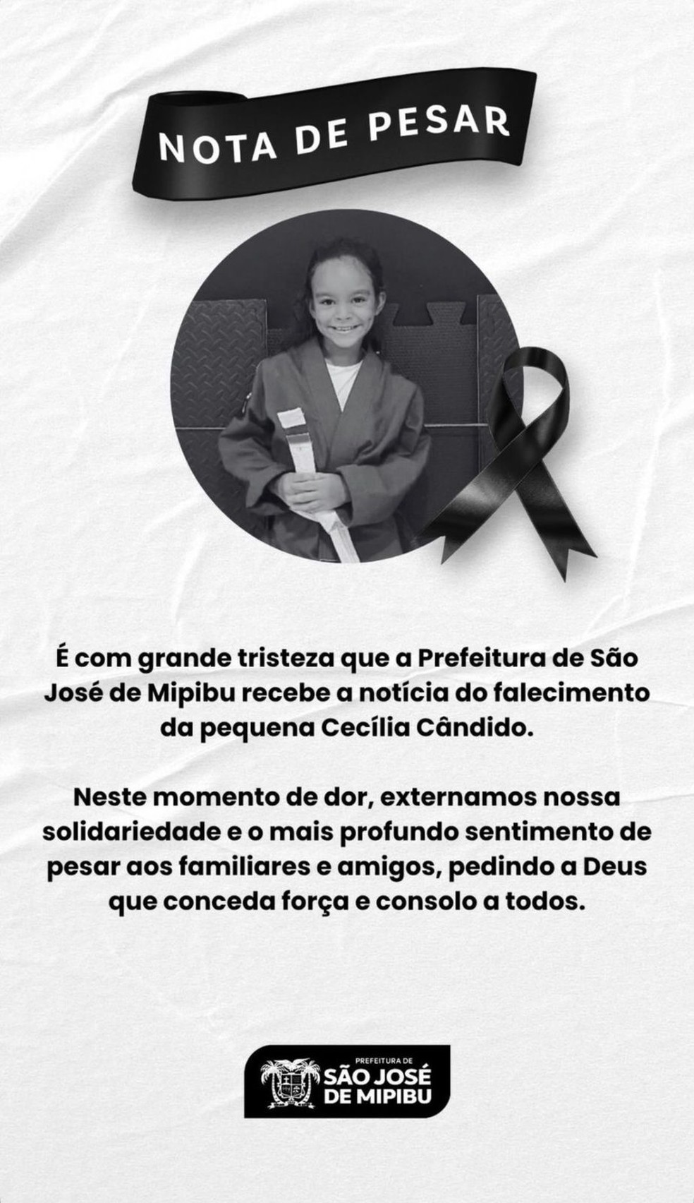 Nota de pesar pela morte da menina Cecília, em São José — Foto: Divulgação