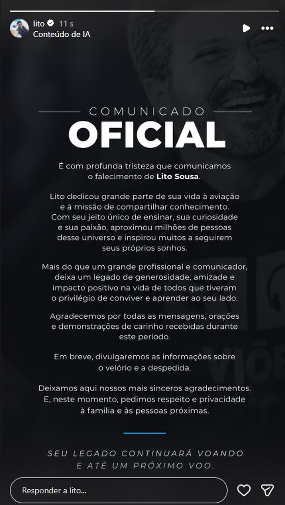 Comunicado oficial da morte de Lito — Foto: Reprodução