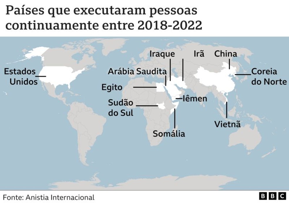Mapa mostra países onde há execuções — Foto: BBC