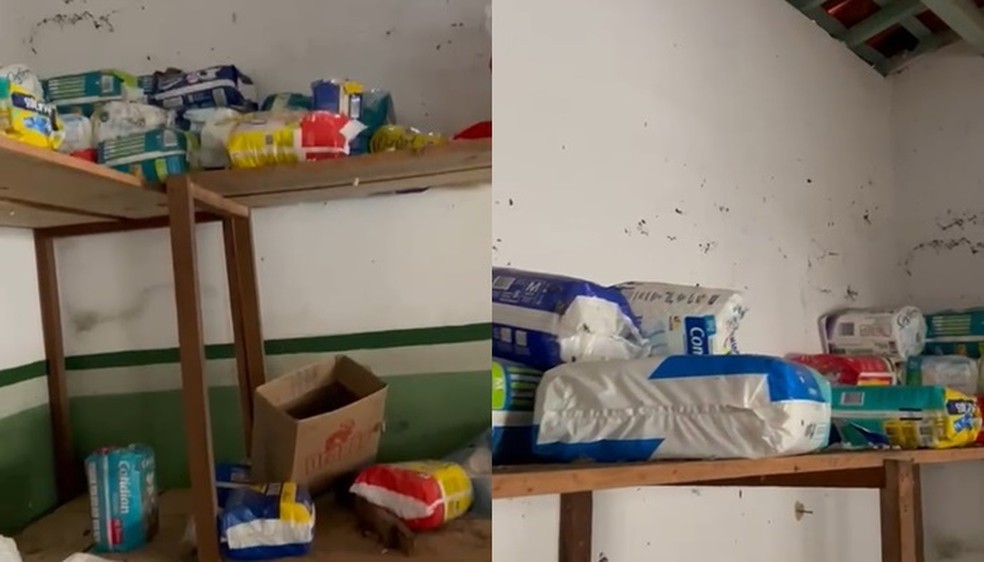 Alimentos, fraldas geriátricas e outros itens foram encontrados em casa abandonada do Abrigo Amem — Foto: Reprodução/TV Cabo Branco