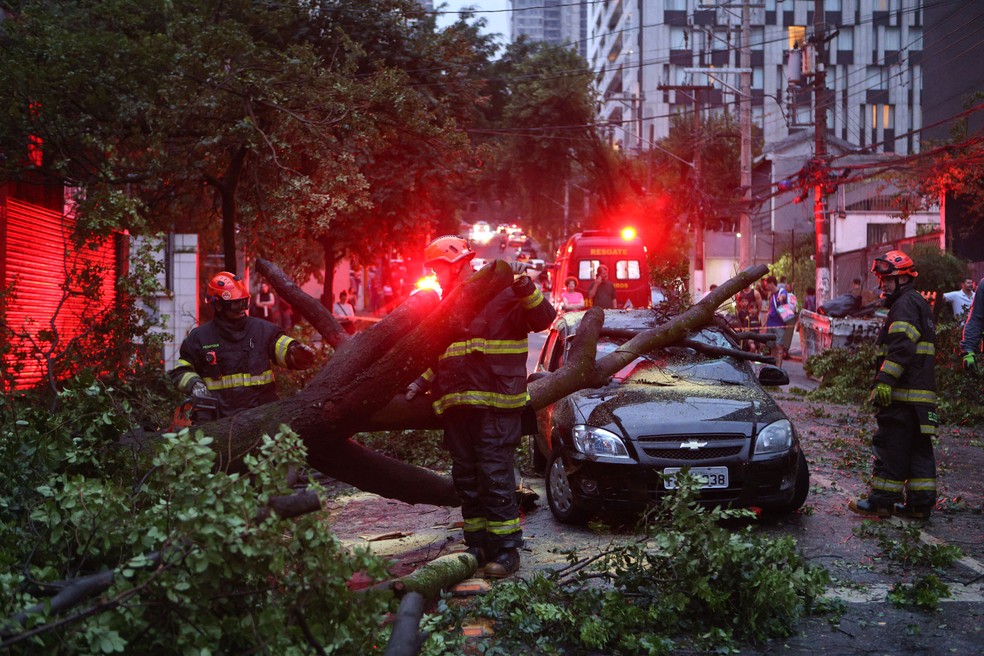 rvore cai e atinge carro na R. Artur de Azevedo, prximo  esquina com a Rua Joo Moura, aps o temporal com ventos fortes que atingiu o bairro de Pinheiros  Foto: DANIEL TEIXEIRA/ESTADO CONTEDO