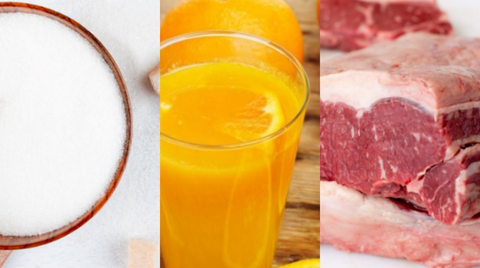 Açúcar, suco de laranja e carne — Foto: Divulgação;divulgação; Ministério da Agricultura.