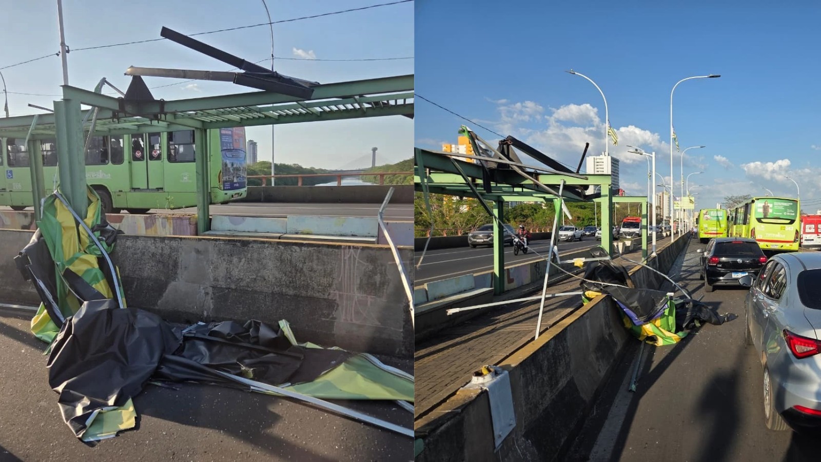 Estrutura publicitária cai sobre ônibus em ponte e deixa duas pessoas gravemente feridas em Teresina