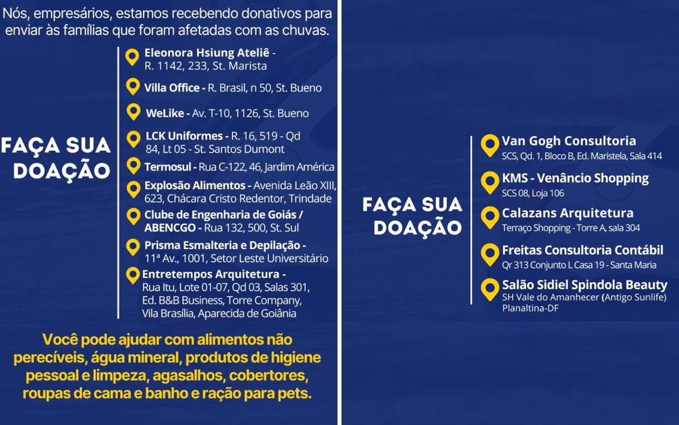 Pontos de coleta de doação para o Rio Grande do Sul organizados por empresarios goianos — Foto: Arquivo pessoal/Tuta Caetano
