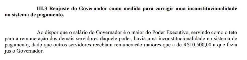 Justificativa apresentada ao STF sobre o reajuste de 300% no salrio do governador Romeu Zema. — Foto: Governo do Estado de Minas Gerais