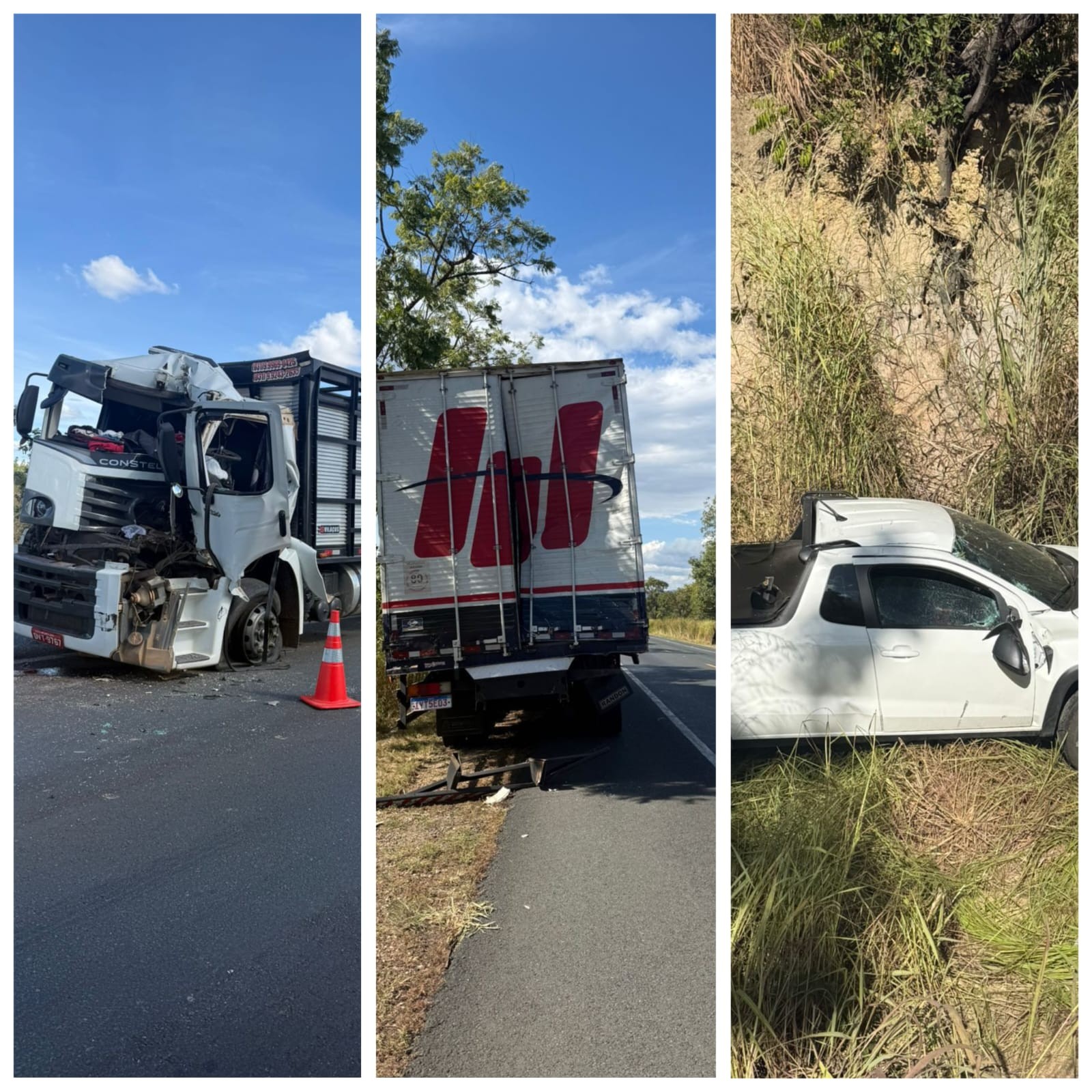 Engavetamento envolvendo caminhões e caminhonete deixa uma pessoa ferida na BR-135