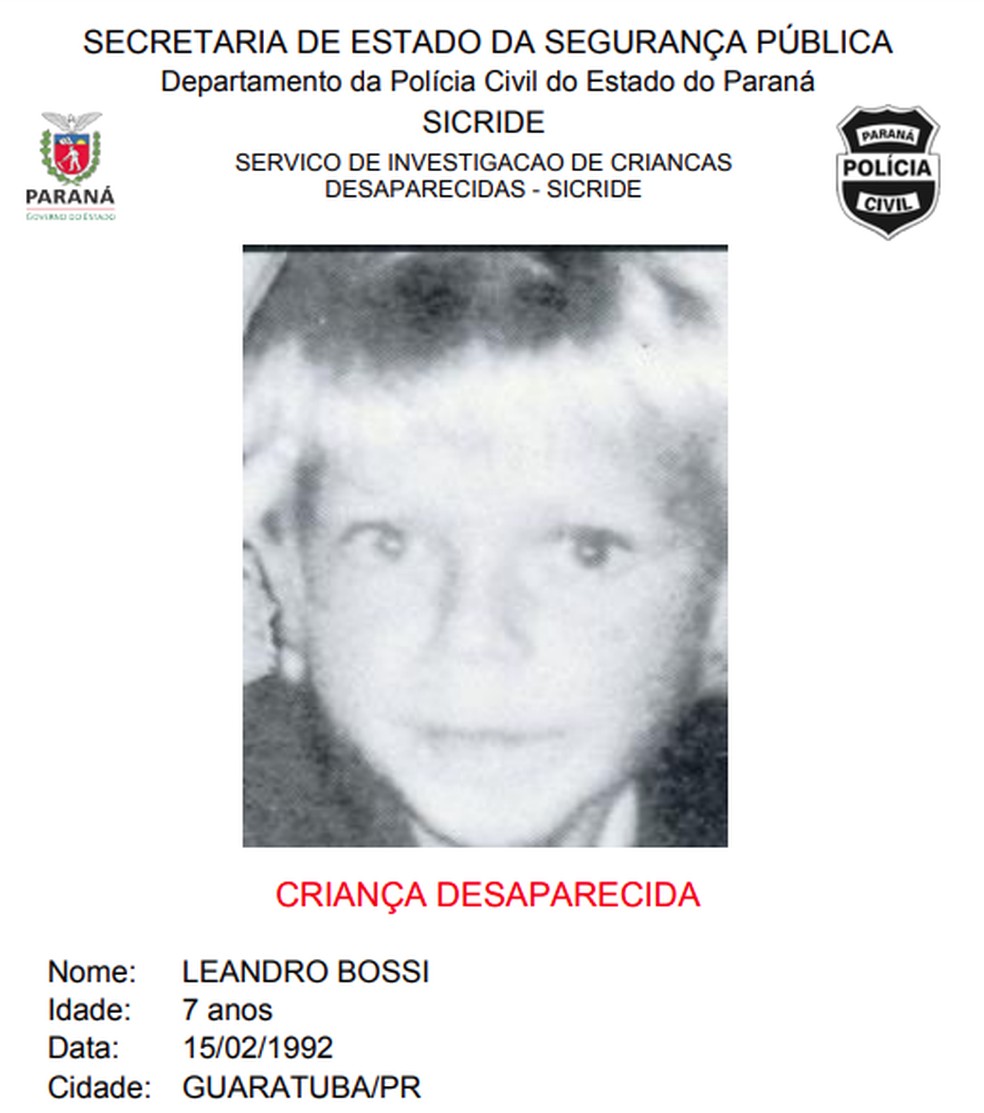 Cartaz divulgado pela Polícia Civil à época do desaparecimento de Leandro Bossi — Foto: Polícia Civil/ divulgação