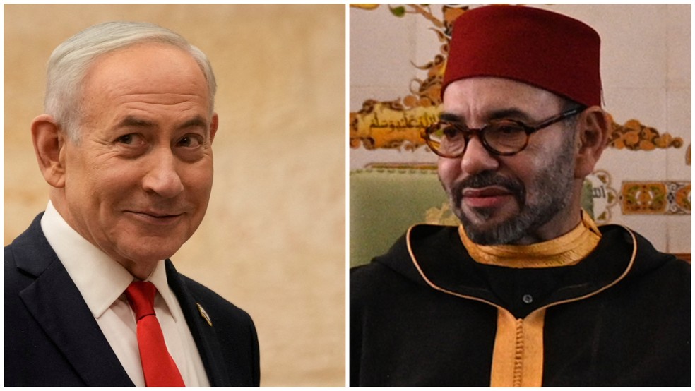Montagem com o primeiro-ministro de Israel, Benjamin Netanyahu, e o rei de Marrocos, Mohammed VI — Foto: Montagem/g1
