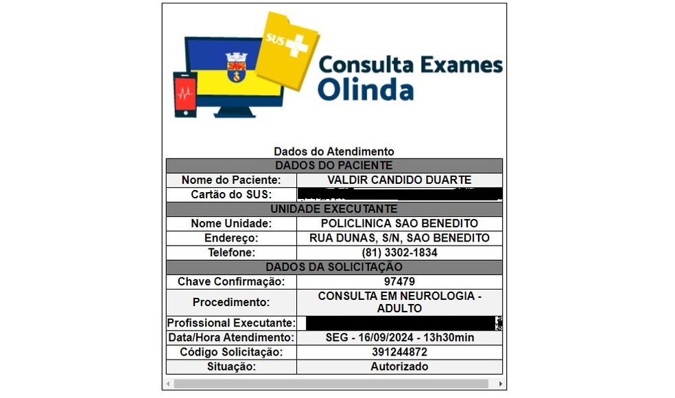 Filha recebeu confirmao de consulta para o pai dois anos depois da morte dele, em Olinda — Foto: Reproduo/Prefeitura de Olinda