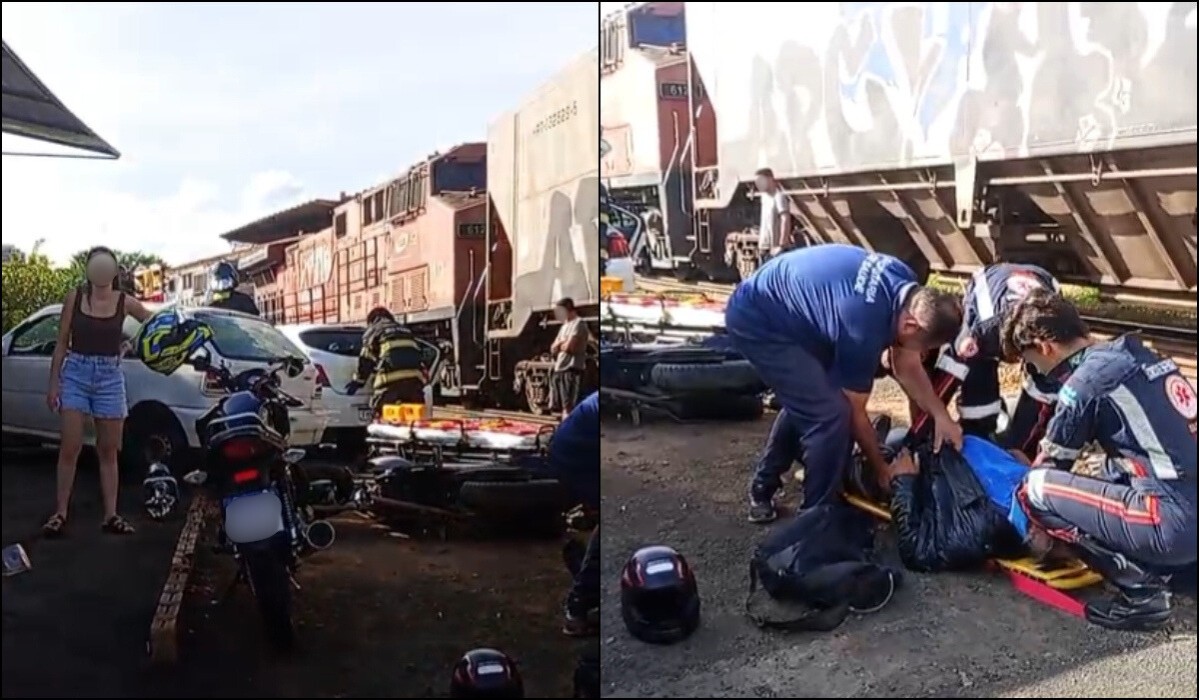 Três ficam feridos após trem atingir carro e moto em Catanduva