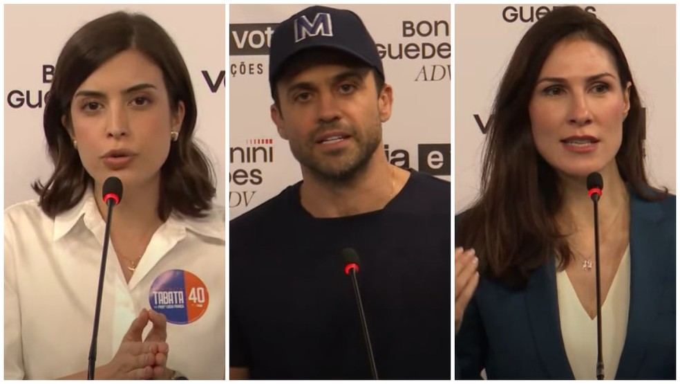 Tabata Amaral (PSB), Pablo Marçal (PRTB) e Marina Helena (Novo) participam do debate da Veja/ESPM em São Paulo, nesta segunda-feira (19). — Foto: Reprodução/Youtube